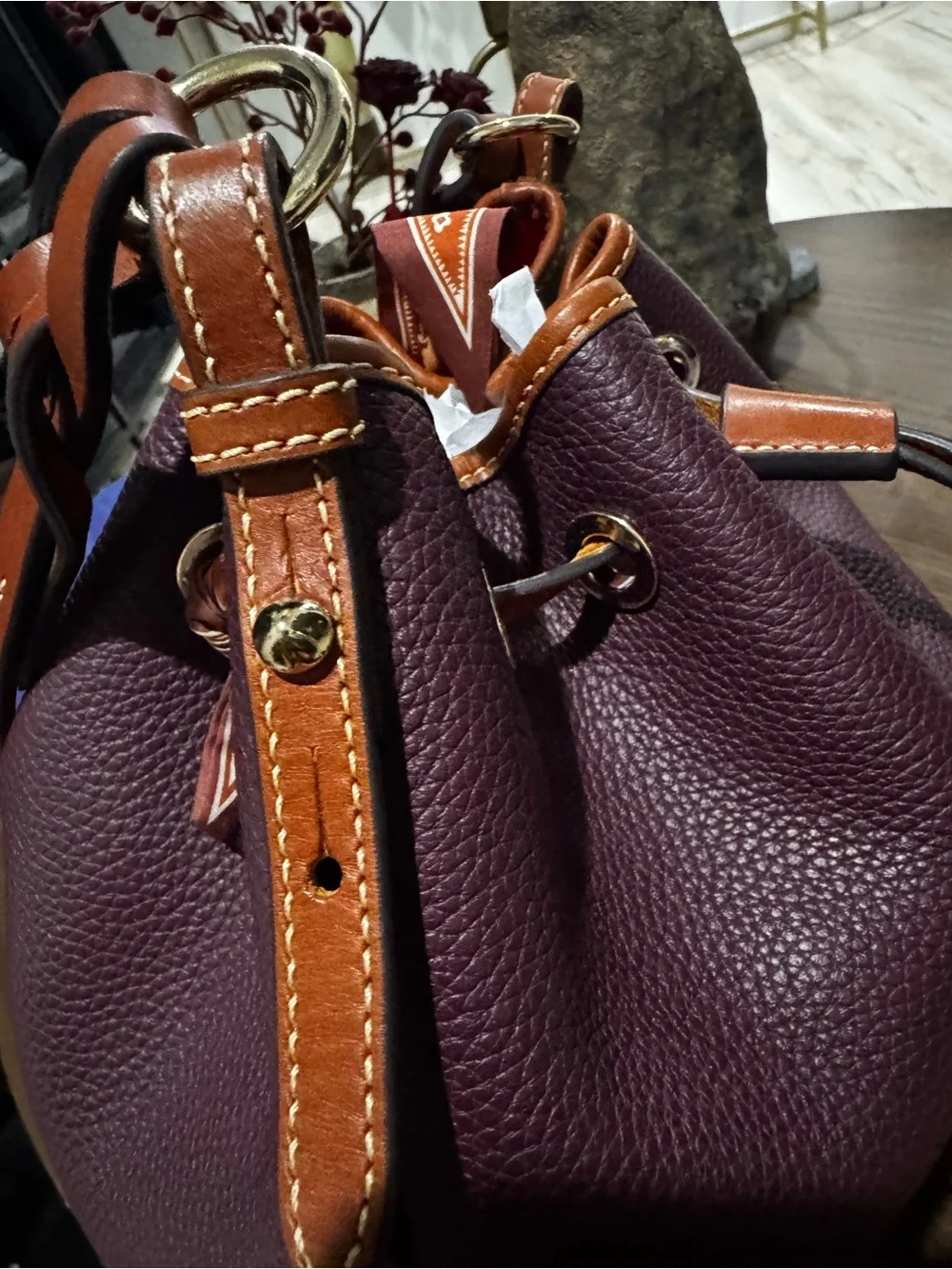 Dooney & Bourke Plum Pebbled Leather Drawstring Hobo with Tan Trim
